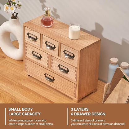 KIRIGEN Desk Drawer Cabinet Storage Organizer 6 Drawers Mini Chest with Lable Holder Handles for Home Office Desktop Organizer and Storage Natural(3D6CG-NA)