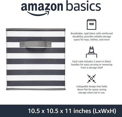 Amazon Basics Cube Organizer Storage Bins Handles, Collapsible Fabric, Pack of 6, 10.5"x10.5"x11", White/ Light Grey Stripe