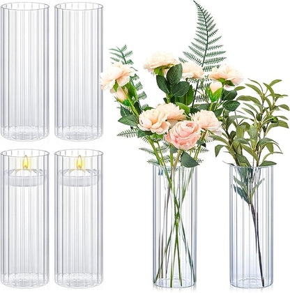 6 Pcs 10 Inch Tall Glass Ribbed Cylinder Vases Clear Floating Candle Flower Vase in Bulk, Hurricane Candle Holder for Wedding Housewarming Gift Table Centerpieces