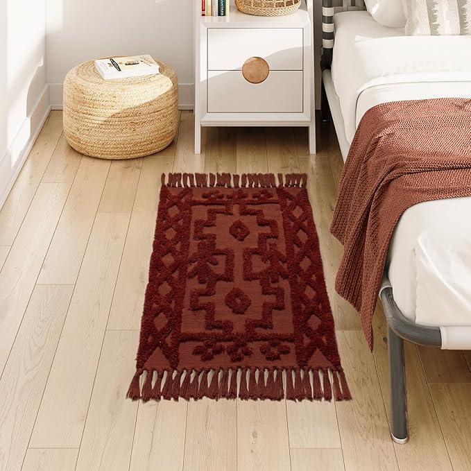 Uphome Boho Bathroom Rug 2' x 3', Washable Small Farmhouse Bedroom Rugs, Terracotta Geometric Bath Mats for Home Decor, Cotton Woven Moroccan Tufted Throw Rug for Entryway Front Door Kitchen