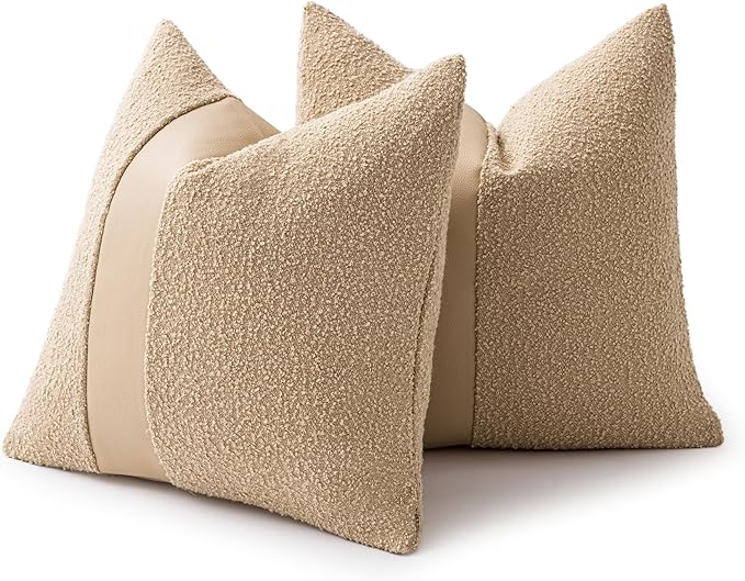 20"x20" Khaki Boucle Throw Pillow Covers with Faux Leather Accents Set of 2 Fluffy Textured Decorative Pillow Cases for Couch Bed Boho Farmhouse Square Cushion Covers for Nordic Home Décor