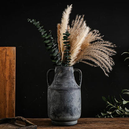 Ceramic Flower Vase with Handles,11 inch Farmhouse Vase,Rustic Vintage Terracotta Vases for Home Decor,Living Room,Kitchen Shelf,Table,Fireplace,Holiday & Weddings Centerpiece (Black-L-1622)