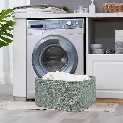 COMFY-HOMI 3 pcs Large Storage Baskets for Shelves, Laundry Basket, Woven Rope Basket, Closet Organizer Bins for Clothes Blanket Towels, Baby Nursery, Gift Toy Baskets, 17” x 13” x 7.5”-Green