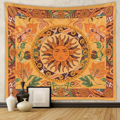 Boho Sun Tapestry Vintage Yellow Tapestry Retro Sunflowers Aesthetic Easy Installation HD Digital Print Wall Hanging for Bedroom Living Room Dorm Home Decor(Organe Sun, 50"x60")