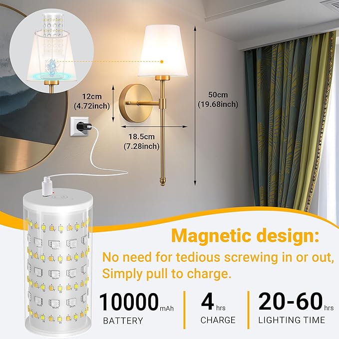 Battery Operated Wall Sconce: Peel and Stick Adhesives Stick On Non Drill Wall Light, Rechargeable Wireless Wall Lamp with Battery Corn Bulb for Bedroom Wall Decor (Gold,20inch)