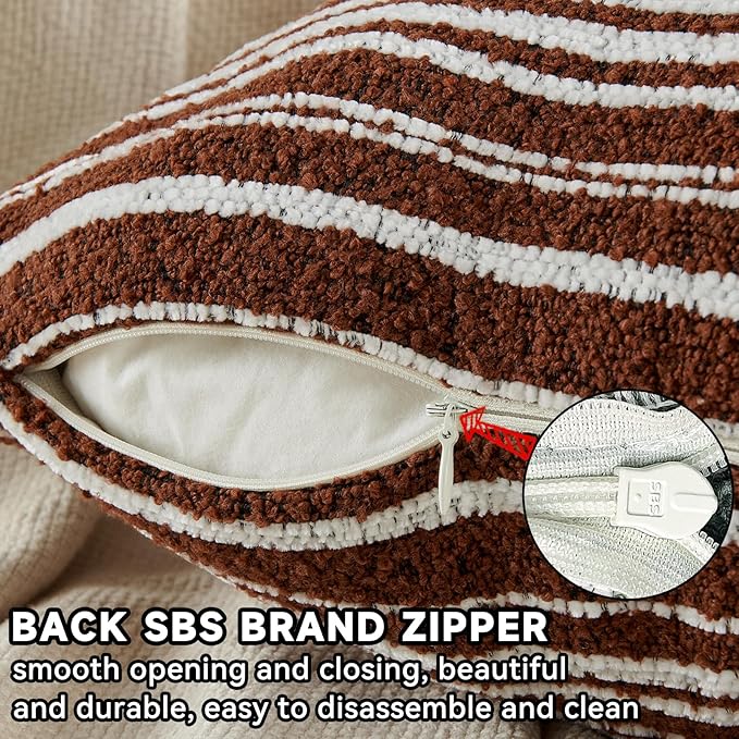 AmHoo Pack of 2 Textured Boucle Throw Pillow Covers Accent Striped Cozy Soft Decorative Couch Cushion Case for Chair Sofa Bedroom Living Room Home Decor 20 x 20-Inch Rustic Brown