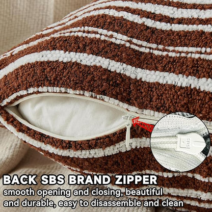 AmHoo Pack of 2 Textured Boucle Throw Pillow Covers Accent Striped Cozy Soft Decorative Couch Cushion Case for Chair Sofa Bedroom Living Room Home Decor 18 x 18-Inch Rustic Brown