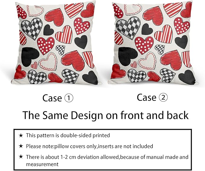 Valentines Day Pillow Covers 24x24 Set of 2 Black Red Heart Throw Pillow Covers Love Pillowcase Linen Decoration Farmhouse Holiday Cozy Soft Cushion Case Couch for Indoor Outdoor Home Decor