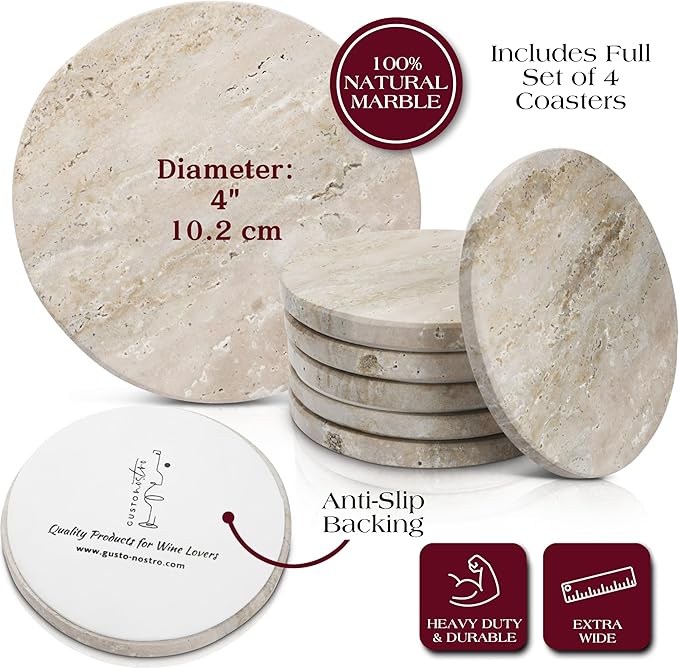 Gusto Nostro Travertine Coasters - Absorbent Stone Coasters Set of 4 - Aesthetic, Natural Stone Coaster for Drinks - Anti-Slip Round Artisanal Travertine Coaster for Kitchen Counter and Coffee Table