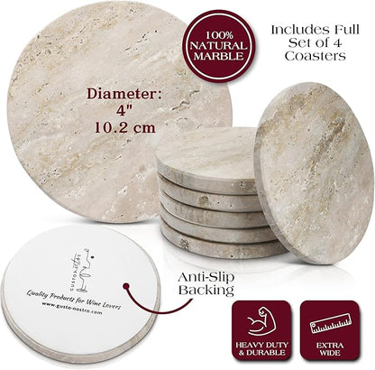 Gusto Nostro Travertine Coasters - Absorbent Stone Coasters Set of 4 - Aesthetic, Natural Stone Coaster for Drinks - Anti-Slip Round Artisanal Travertine Coaster for Kitchen Counter and Coffee Table