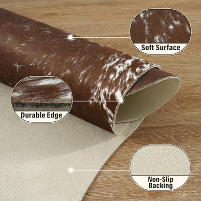 AROGAN Western Decor Faux Fur Cowhide Rug, 4.6×5.2 Feet Premium Animal Skin Cow Hide Rug, Sturdy Cow Print Rugs for Wall Decor, Western Floor Carpet for Bedroom Living Room, Spotted Brown
