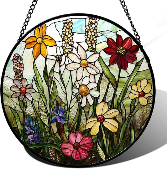 DASTOLL Stained Glass Window Hanging, Colorful Wildflowers Plant Scenery Suncatcher for Doors Window Home White Green Sun Catchers Decor Mother's Day Birthday Gifts for Women, Men Mom 11.8 in
