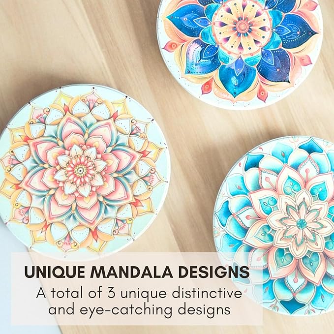 Mandala Ceramic Absorbent Coasters Set of 6 with Holder, Marble Drink Coasters for Coffee Table, Water Absorbing Coaster (Boho)