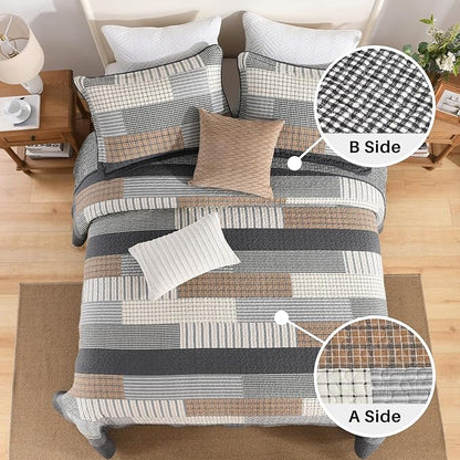120"x120" Cotton Oversized King Bedspread Coverlet, Gray Plaid Extra Large Quilt Set with Pillow Shams, Lightweight Farmhouse Reversible Quilted Bedspreads, All Season, 3 Piece