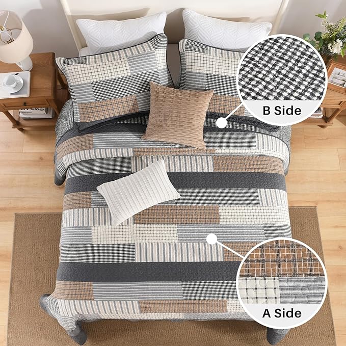 120"x102" Cotton Oversized Queen Bedspread Coverlet, Gray Plaid Extra Large Quilt Set with Pillow Shams, Lightweight Farmhouse Reversible Quilted Bedspreads, All Season, 3 Piece