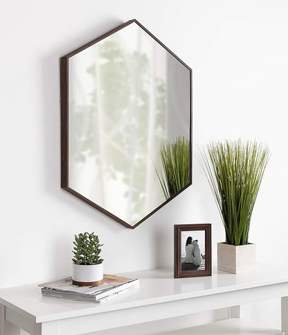 Kate and Laurel Rhodes Mid-Century Modern Hexagon Wall Mirror, Walnut Brown, 31x22-Inches