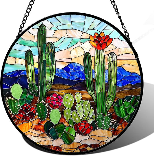 DASTOLL Stained Glass Window Hanging, Green Cactus Suncatcher for Doors Window Home Plant Landscape Sun Catchers Decoration Mother's Day Birthday Gifts for Women, Men, and Mom 11.8 in