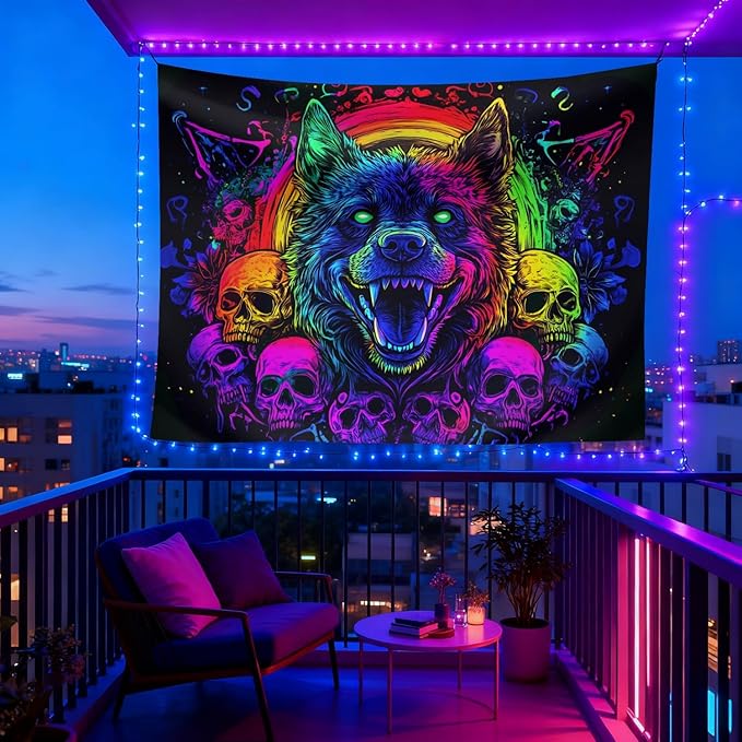 seewan Black Light Wolf Tapestry, Glow-in-the-Dark UV Neon Fierce Wolf and Skull Wall Hanging, Psychedelic Gothic Animal Art Tapestry, Bedroom Dorm Living Room Background Decor