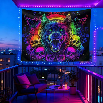 seewan Black Light Wolf Tapestry, Glow-in-the-Dark UV Neon Fierce Wolf and Skull Wall Hanging, Psychedelic Gothic Animal Art Tapestry, Bedroom Dorm Living Room Background Decor