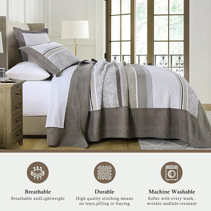 100% Cotton Oversized King Size Bedspread 120"x120" - Farmhouse Lightweight Cal King Quilt with 2 Pillowshams, Reversible Modern Striped Quilted Bed Coverlet for All Season, 3Pcs, Brown