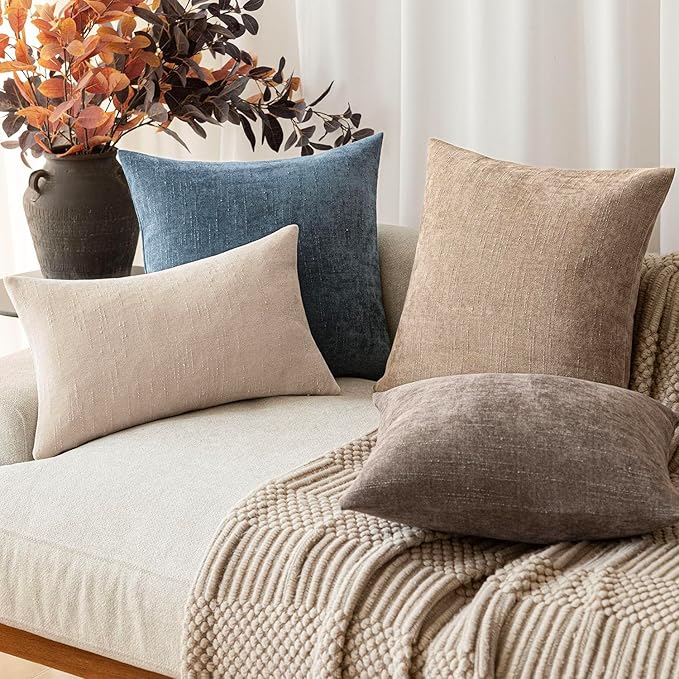 Foindtower Pack of 2 Soft Textured Chenille Throw Decorative Pillow Covers Square Accent Solid Cushion Cover Cozy Neutral Farmhouse Pillow Case for Couch Sofa Bedroom Living Room 26x26 Inch,Blue