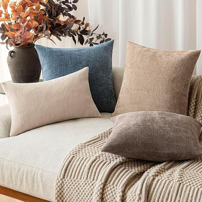 Foindtower Pack of 2 Soft Textured Chenille Throw Decorative Pillow Covers Square Accent Solid Cushion Cover Cozy Neutral Farmhouse Pillow Case for Couch Sofa Bedroom Living Room 22x22 Inch,Blue