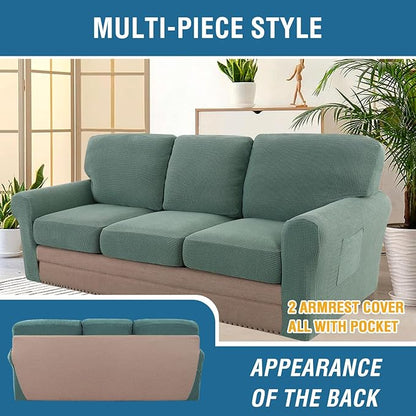 H.VERSAILTEX Multi-Pieces Sofa Covers Stretch Couch Covers Form Fitted Seats and Back Cushions Covers (3 Seat Covers Plus 3 Back Cusion Covers, Bonus 2 Armrest Covers), Sage