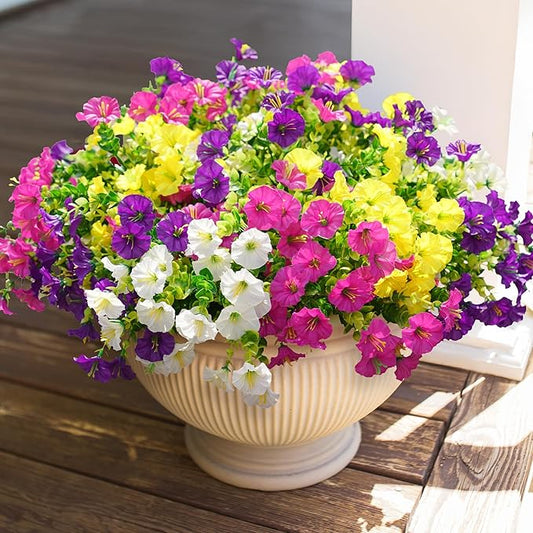 HyeFlora Artificial Flowers for Outdoors Fake Plants Outside Decoration, 12 Bundles Silk Colorful Morning Glory with Eucalyptus UV Resistant Realistic Faux Flowers for Planter Front Door Garden Yard