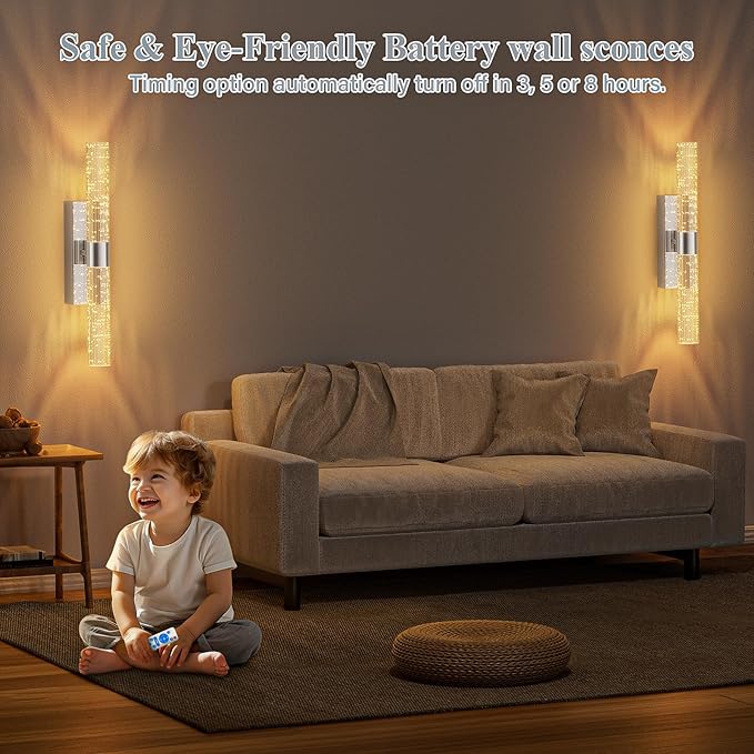 camuucci Battery Operated Sliver Wall Sconces Set of 2 Rechargeable Battery Powered Wall Light with 18000mAh Not Hardwired Dimmable Wall Lamp Fixtures for Bedroom Living Room 20.9 Inches