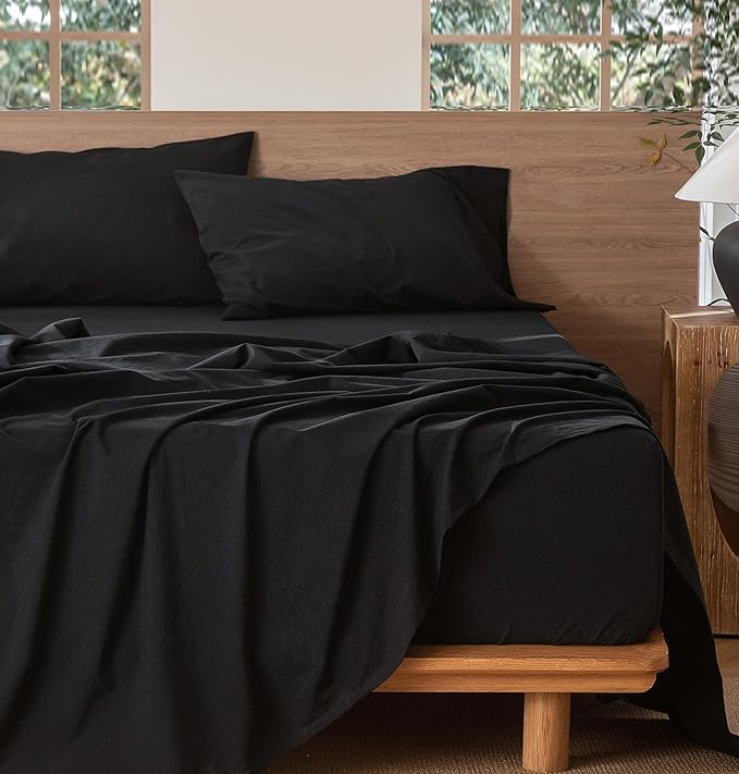 MooMee Bedding Sheet Set 100% Washed Cotton Linen Like Textured Breathable Durable Soft Comfy (Solid Black, Twin XL)