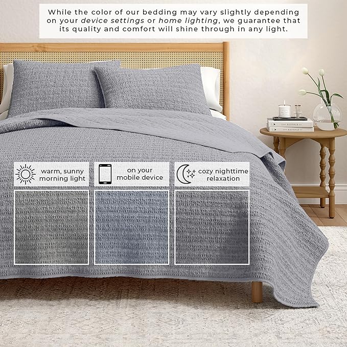 Great Bay Home King Size Blue 100% Cotton Honeycomb Waffle Quilt and Sham Set - Garment Washed, Waffle Weave Like Texture, Lightweight 3-Piece Bedding Set (Denim Blue)