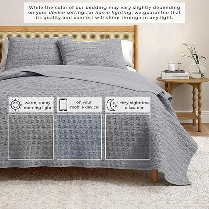 Great Bay Home King Size Blue 100% Cotton Honeycomb Waffle Quilt and Sham Set - Garment Washed, Waffle Weave Like Texture, Lightweight 3-Piece Bedding Set (Denim Blue)