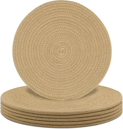 Round Placemats Set of 6, Cotton Rope Woven Table Mats, Hot Pads for Kitchen, Non Slip Heat Resistant Place Mats, 13 Inches Braided Placemat for Farmhouse Decor and Kitchen Table Decor (Khaki)