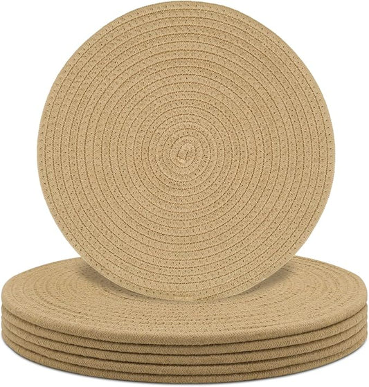 Round Placemats Set of 6, Cotton Rope Woven Table Mats, Hot Pads for Kitchen, Non Slip Heat Resistant Place Mats, 13 Inches Braided Placemat for Farmhouse Decor and Kitchen Table Decor (Khaki)