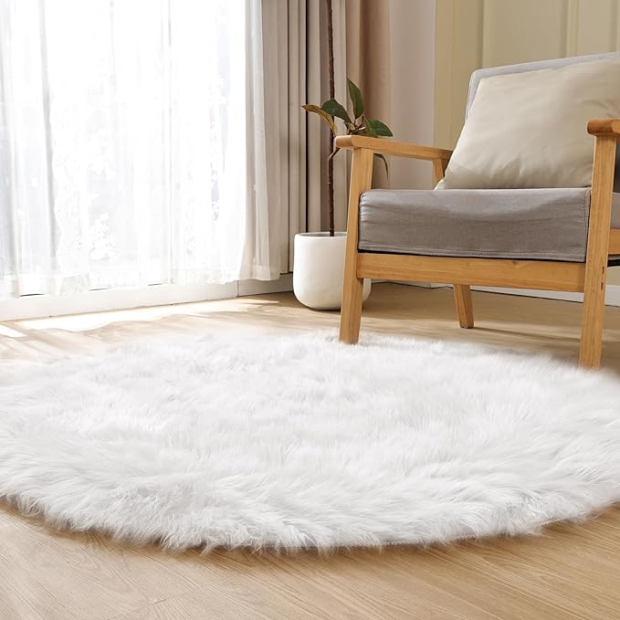 White Small Circle Fluffy Rugs for Bedroom Washable Faux Sheepskin Shaggy Fur Area Rugs for Living Room Round Rug 4ft Nursery Rug