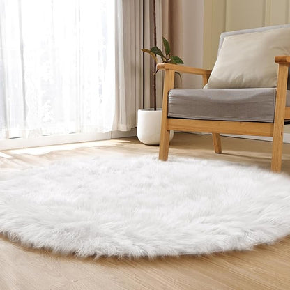 White Small Circle Fluffy Rugs for Bedroom Washable Faux Sheepskin Shaggy Fur Area Rugs for Living Room Round Rug 4ft Nursery Rug