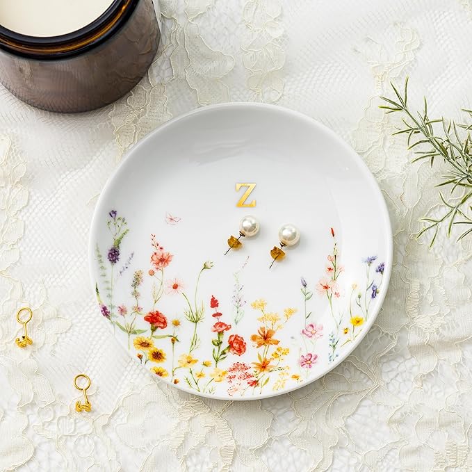 Crisky Initial Jewelry Tray Ring Dish & Gift Box, Ceramic Flower Trinket Dish for Rings Earrings Necklaces Keys, Bridal Shower Engagement Birthday Gift for Women, Friends 4.57" (Gold Foil Z