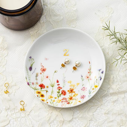 Crisky Initial Jewelry Tray Ring Dish & Gift Box, Ceramic Flower Trinket Dish for Rings Earrings Necklaces Keys, Bridal Shower Engagement Birthday Gift for Women, Friends 4.57" (Gold Foil Z