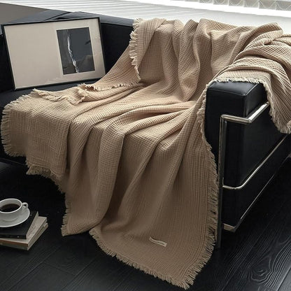 MorroMorn 100% Cotton Muslin Blanket with Fringes Twin Size 60"x80", 4-Layer Gauze Blankets for Adults, Boho Bedding Breathable Lightweight Ultra-Soft Farmhouse Decor for Couch Bed All Seasons, Khaki