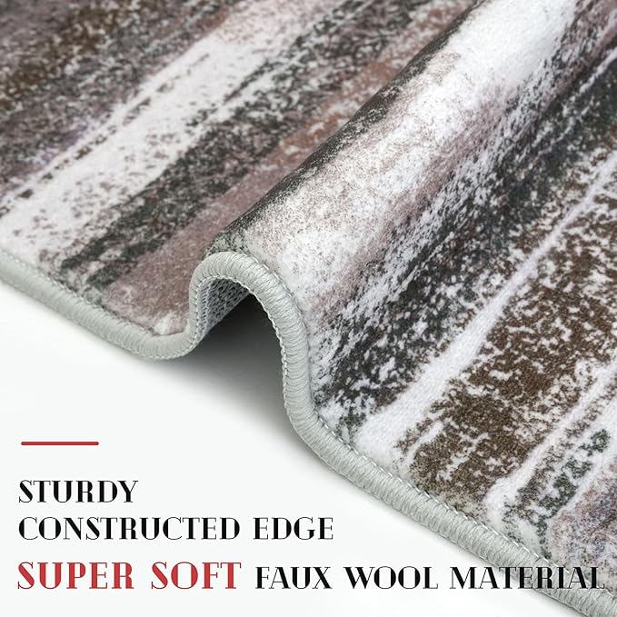 Modern Abstract Runner Rug 2x5, Dark Light Brown White Washable Kitchen Runner Entryway Rug Mat Non-Slip Soft Hallway Rug Runner Thin Print Faux Wool Carpet for Bedroom Laundry Room Indoor
