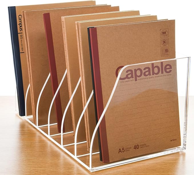 Acrylic Magazine File Holder, 6 Vertical Compartments Desk Document Sorter Organizer, Clear Folder Rack Binder for Office, Documents, Tablets, Magazines, Books – Home/Classroom Rack