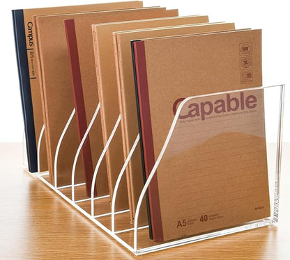 Acrylic Magazine File Holder, 6 Vertical Compartments Desk Document Sorter Organizer, Clear Folder Rack Binder for Office, Documents, Tablets, Magazines, Books – Home/Classroom Rack