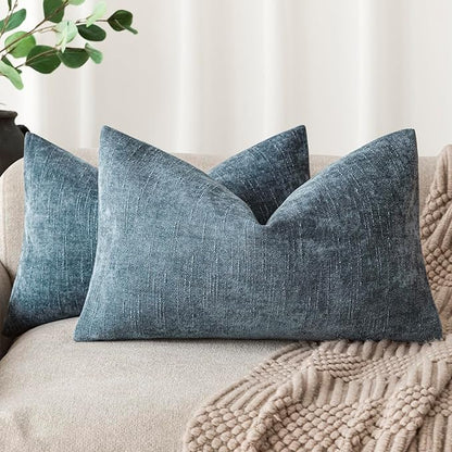 Foindtower Pack of 2 Textured Chenille Throw Decorative Pillow Covers Square Accent Solid Cushion Cover Neutral Farmhouse Lumbar Pillow Case for Couch Sofa Bedroom Living Room 12x20 Inch,Blue