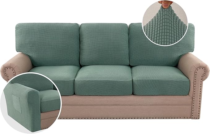 H.VERSAILTEX Multi-Pieces Sofa Covers Stretch Couch Covers Form Fitted Seats and Back Cushions Covers (3 Seat Covers Plus 3 Back Cusion Covers, Bonus 2 Armrest Covers), Sage