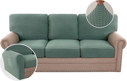 H.VERSAILTEX Multi-Pieces Sofa Covers Stretch Couch Covers Form Fitted Seats and Back Cushions Covers (3 Seat Covers Plus 3 Back Cusion Covers, Bonus 2 Armrest Covers), Sage