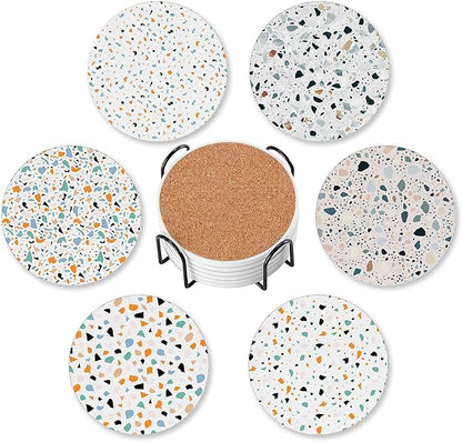 Terrazzo 6 Pcs Drink Coasters with Holder, Modern Granite Absorbent Round Ceramic Coaster for Tabletop Protection, for Coffee Cup Beverage Coasters Wine Beer Bar