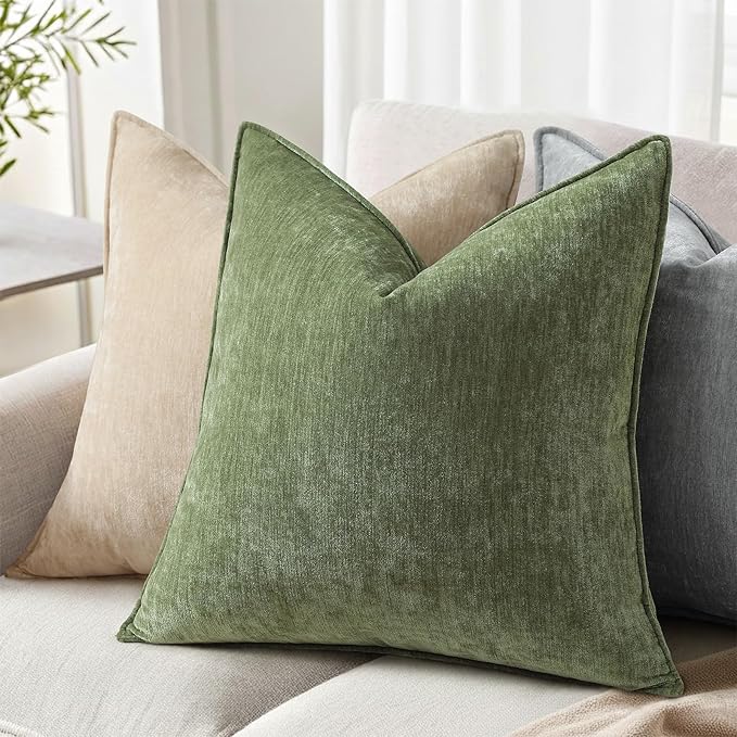 decorUhome Spring Couch Throw Pillow Covers 16x16 Set of 2, Decorative Soft Velvet Neutral Chenille Pillow Covers with Elegant Design for Sofa Bed Living Room Home Decor, Olive Green