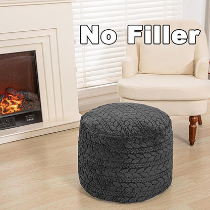 Unstuffed Ottoman Pouf Cover – Round Faux Fur Footstool Plush Floor Pouf (No Filler Included) Perfect for Living Room, Bedroom, or Office Lounge (Gray, 26x26x18 in)