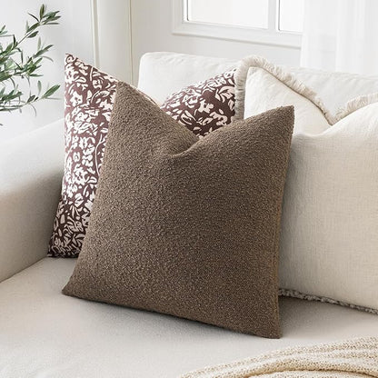MIULEE 26x26 Decorative Euro Sham Throw Pillows for Bed Set of 2 Textured Boucle Neutral Winter Throw Pillow Covers Dark Brown Accent Solid Vintage Pillowcases Couch Sofa Livingroom Home Decor