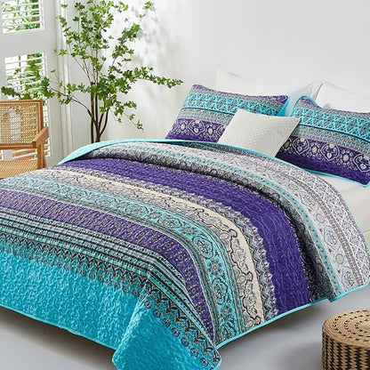 WONGS BEDDING Boho Quilt Twin Size, 2 Pieces Purple Blue Bohemian Lightweight Microfiber Bed Decor Bedspread for All Season 68"x86"